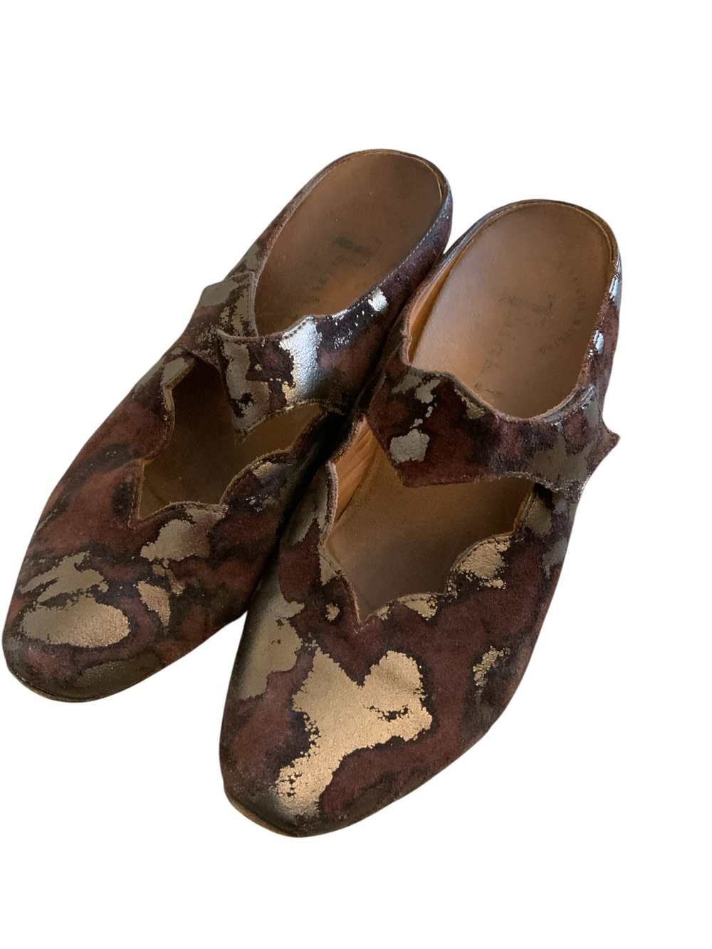 Think! Brown Suede Mules with Metallic Gold Accents